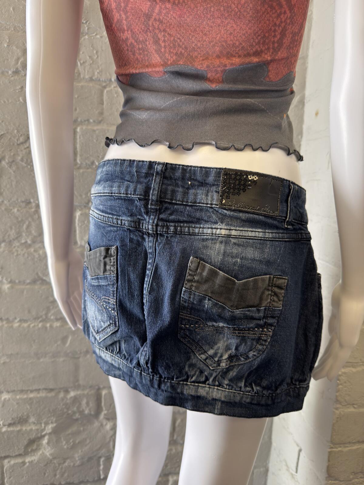 Denim Mini Skirt with Sequined Logo Patch
