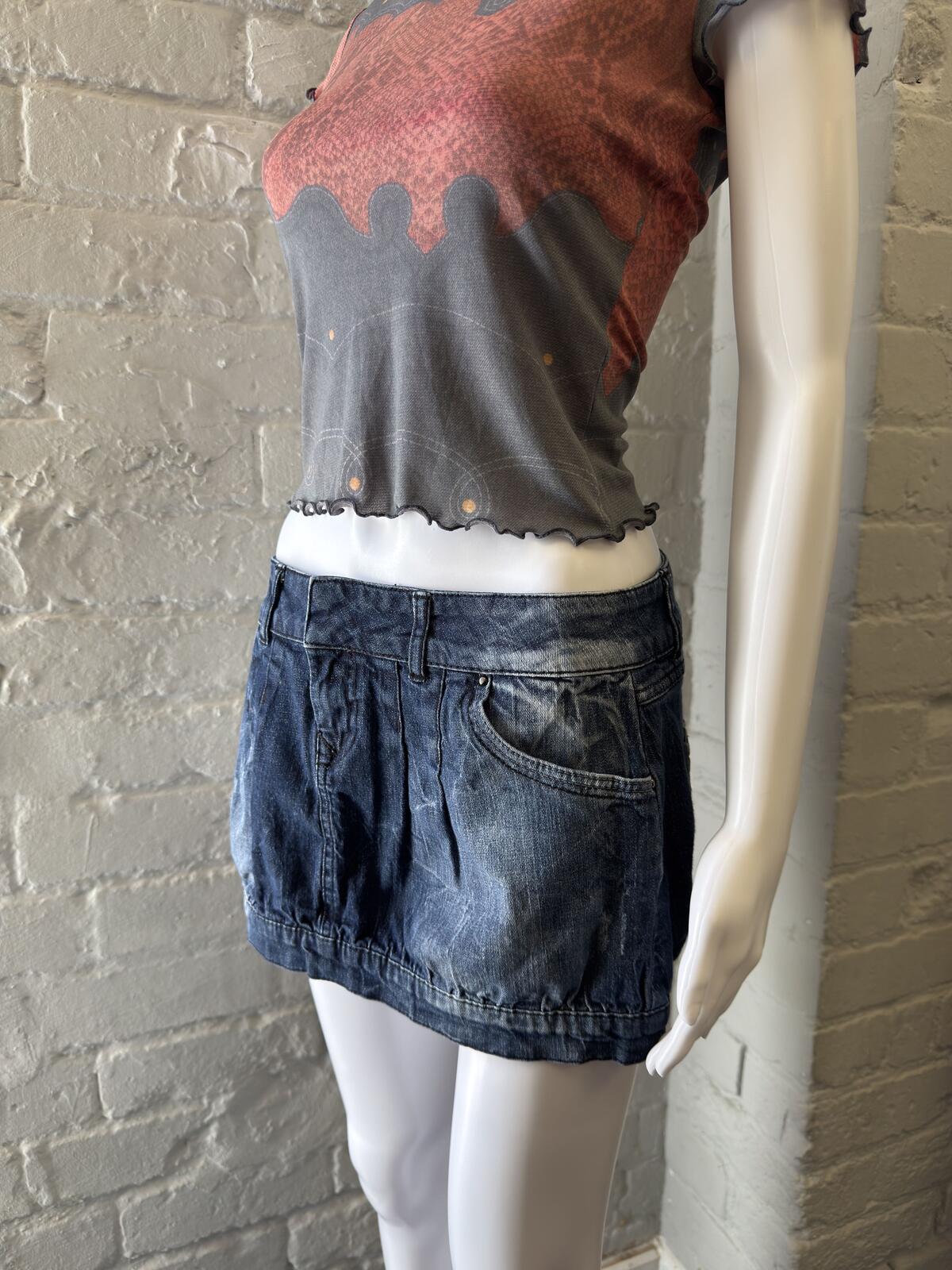 Denim Mini Skirt with Sequined Logo Patch