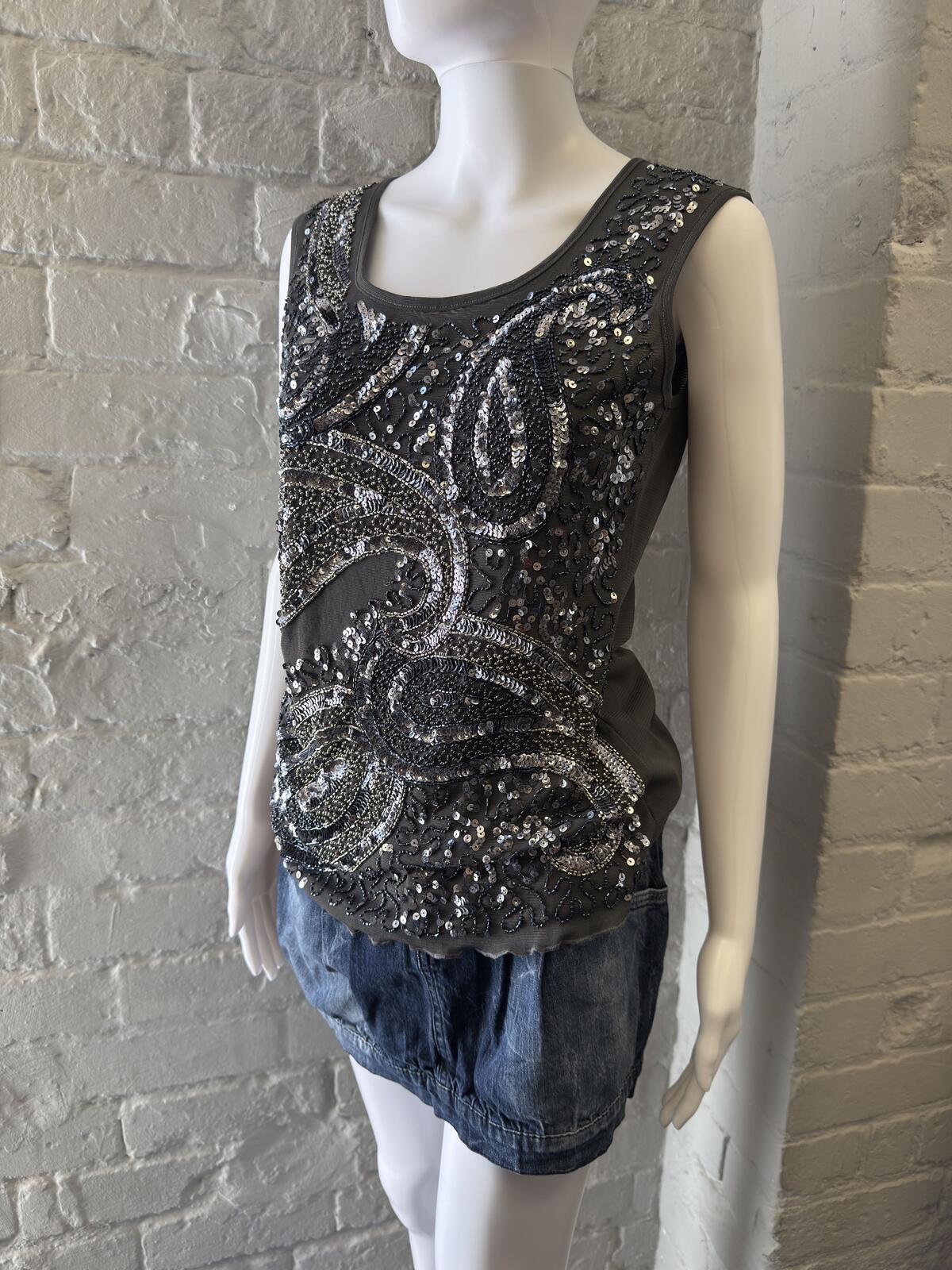 Cartise Grey Sleeveless Beaded Sequin Top