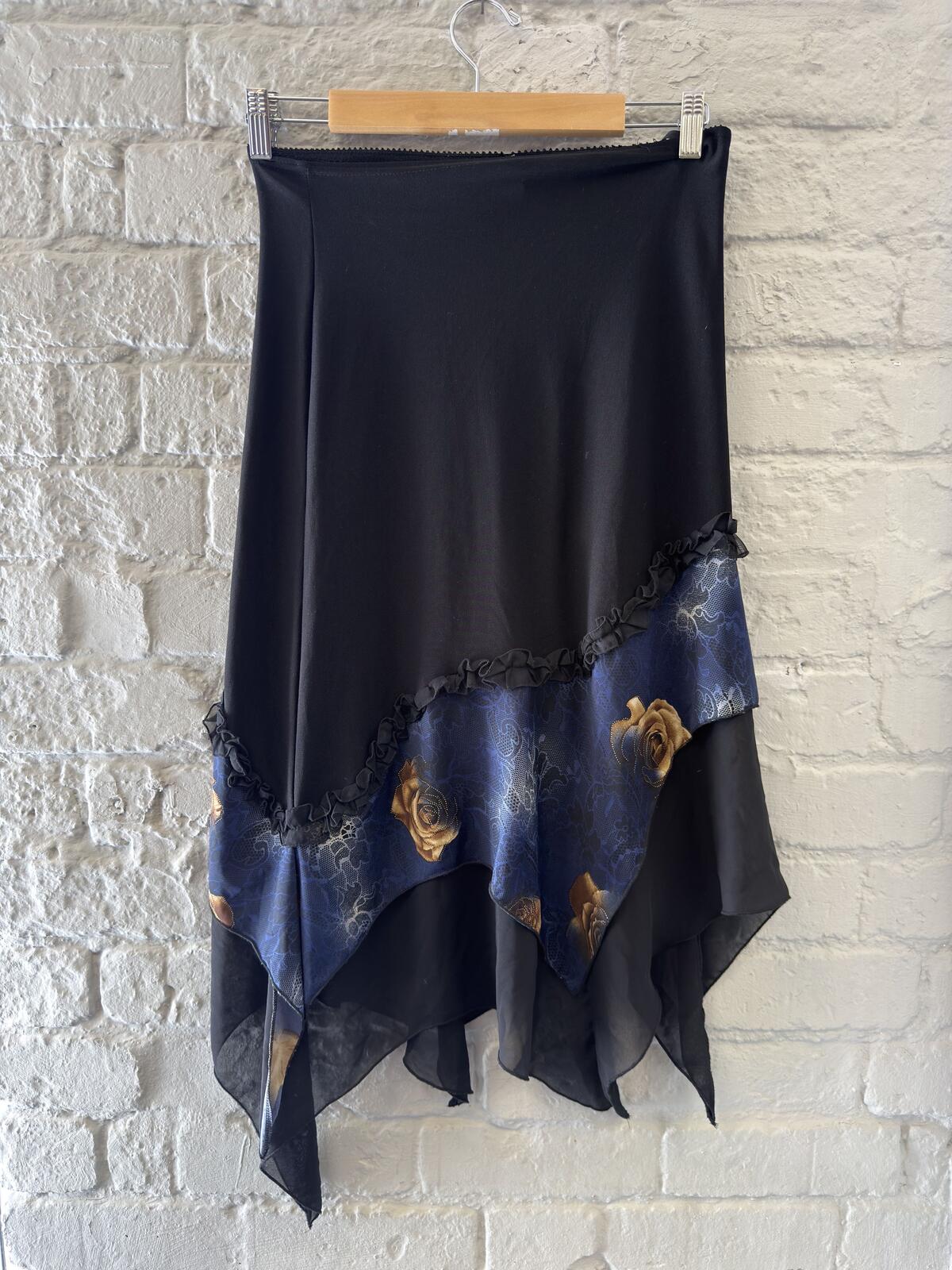Black Asymmetric Maxi Skirt with Floral Detail