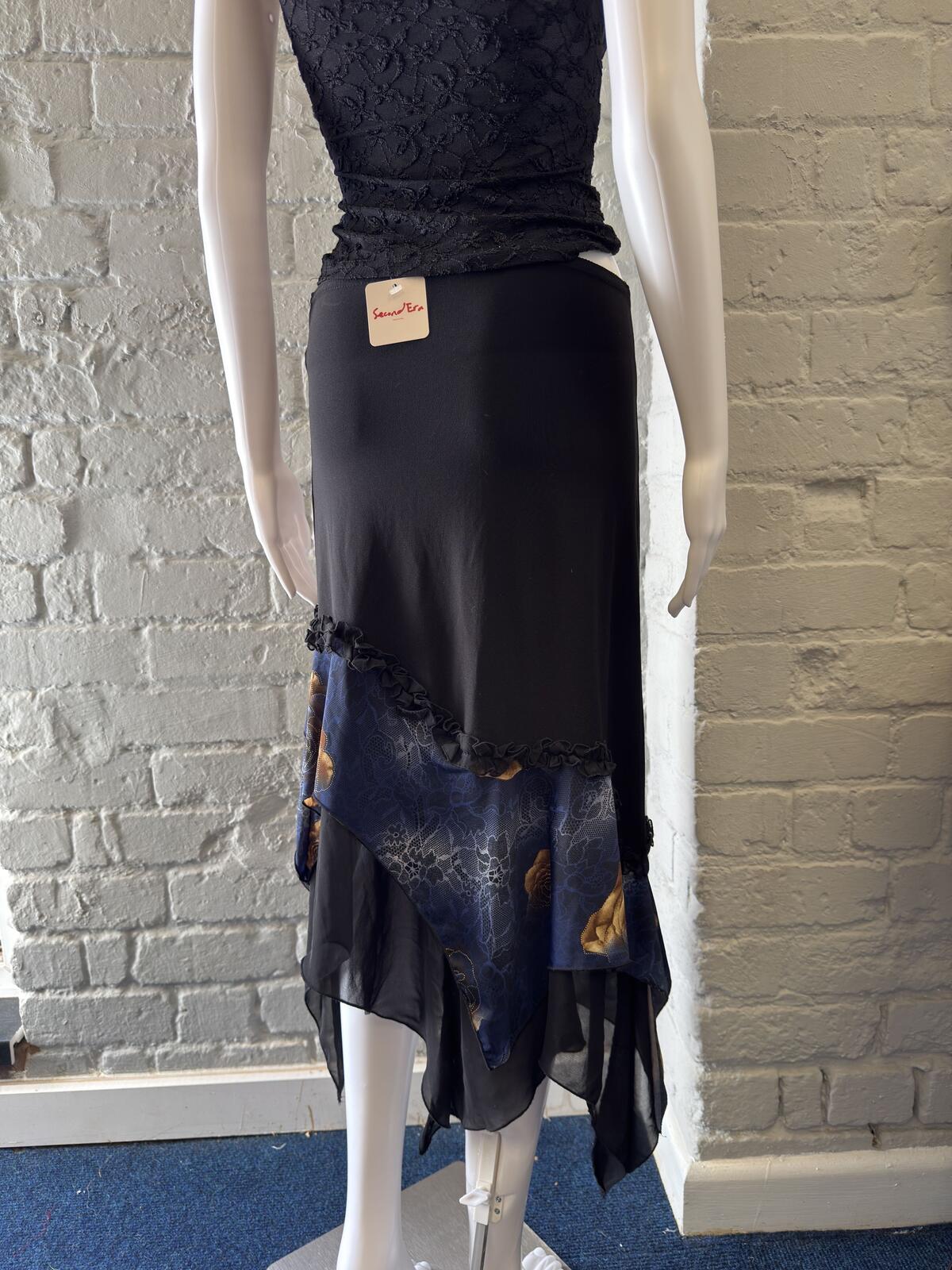 Black Asymmetric Maxi Skirt with Floral Detail