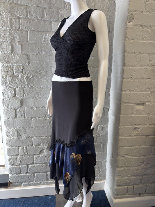 Black Asymmetric Maxi Skirt with Floral Detail