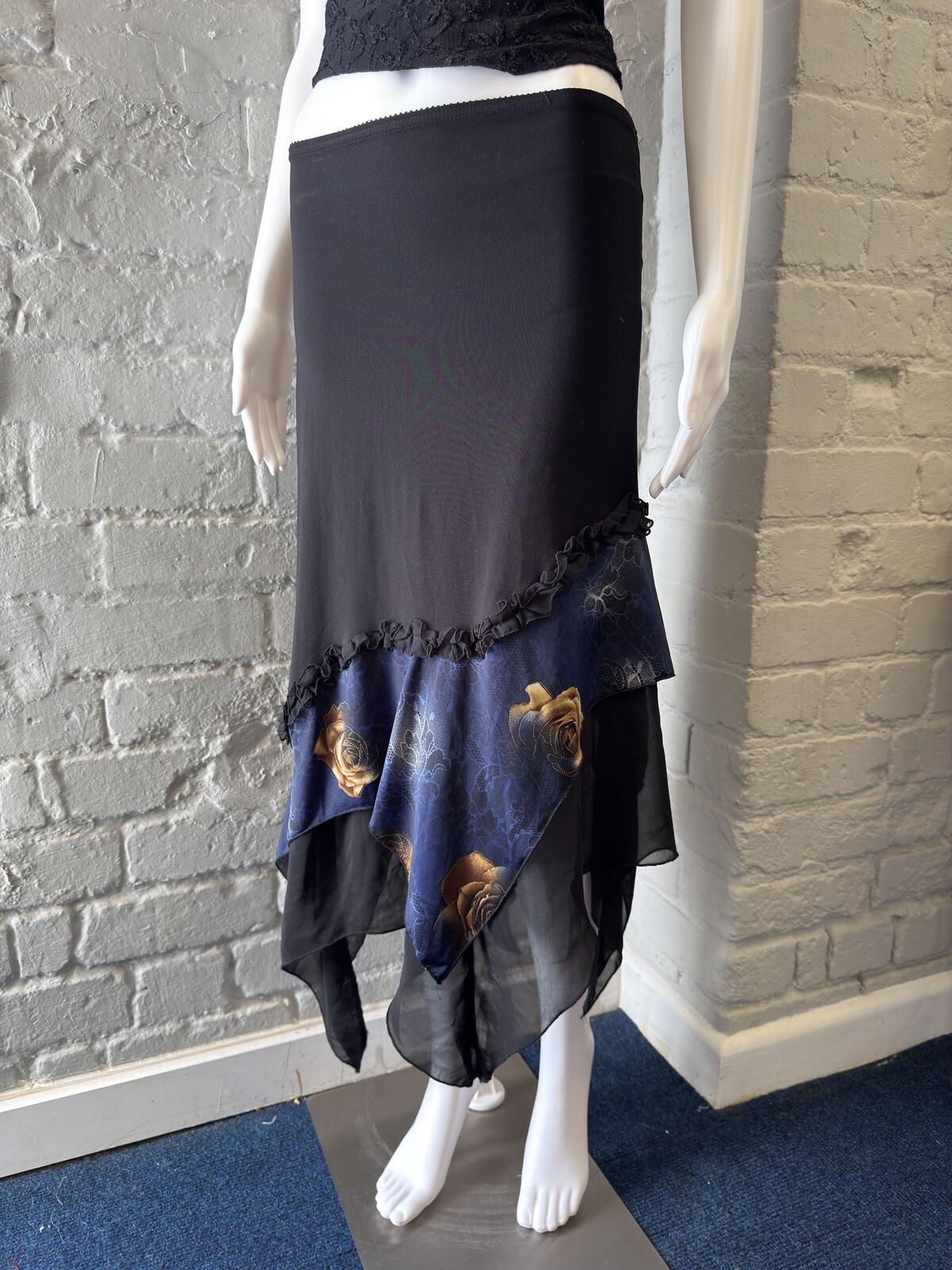 Black Asymmetric Maxi Skirt with Floral Detail