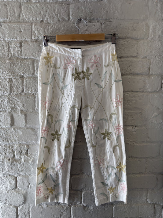 DKNY White Floral Embroidered Capris