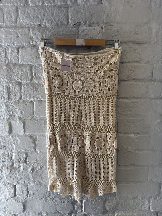 MNG Beige Crochet Knit Midi Skirt with Floral Pattern