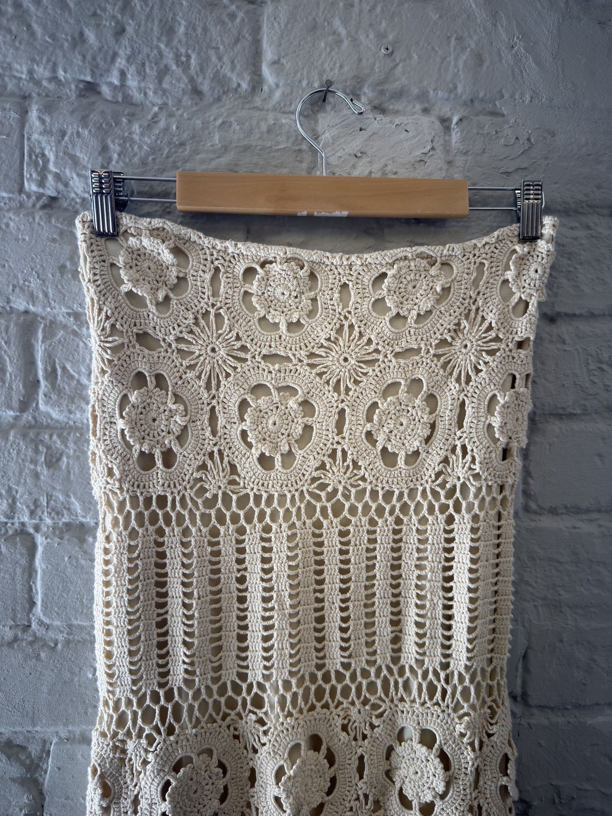 MNG Beige Crochet Knit Midi Skirt with Floral Pattern