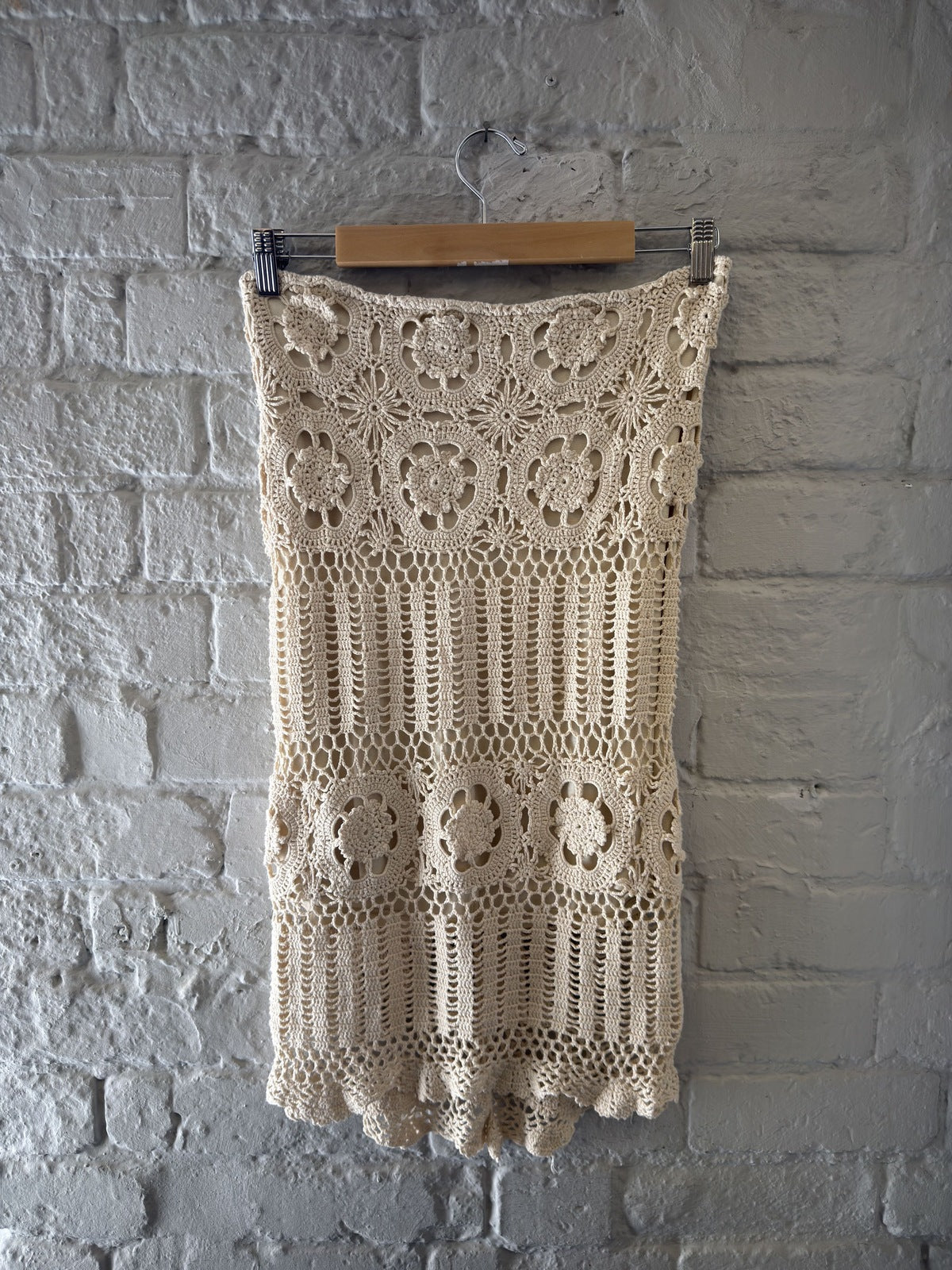 MNG Beige Crochet Knit Midi Skirt with Floral Pattern