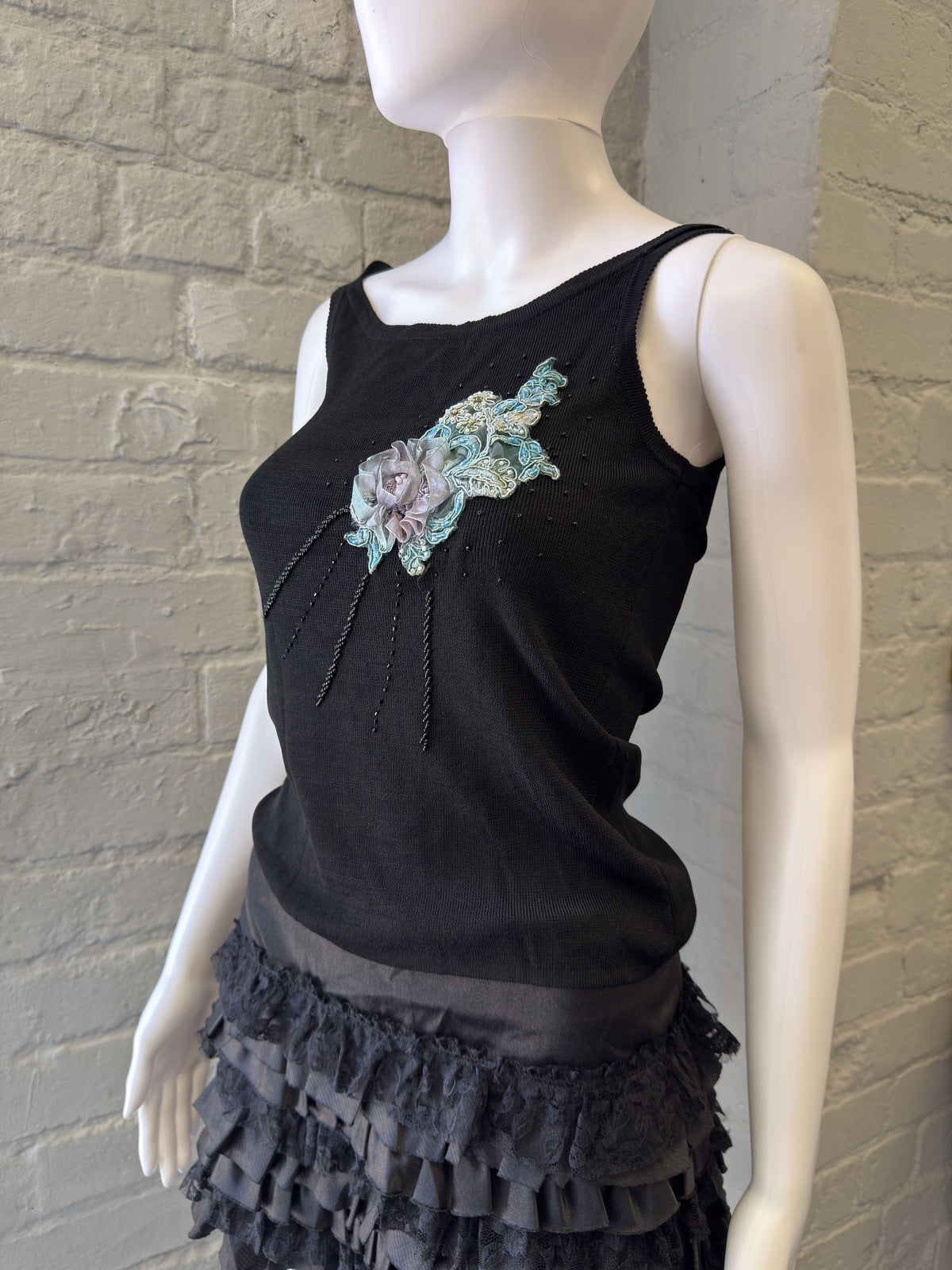 Noosi Italia Black Cami with Embroidered Floral Detail
