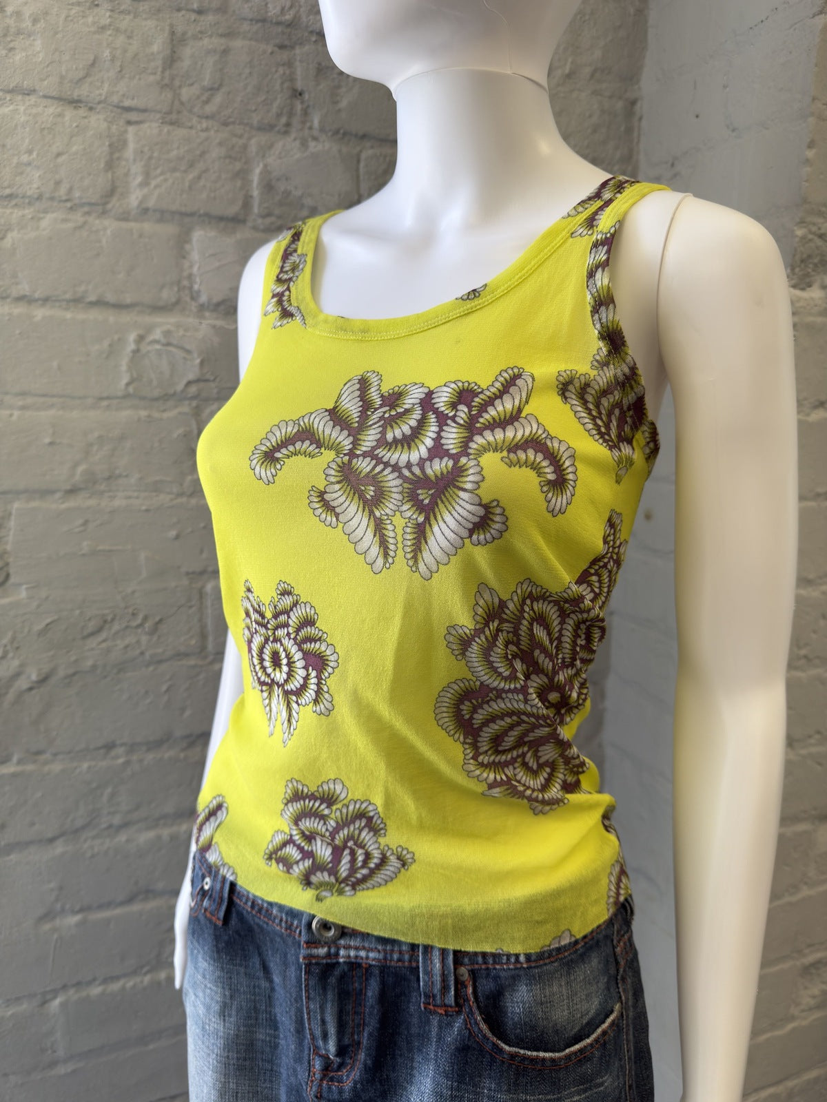 One Step Yellow Patterned Mesh Top