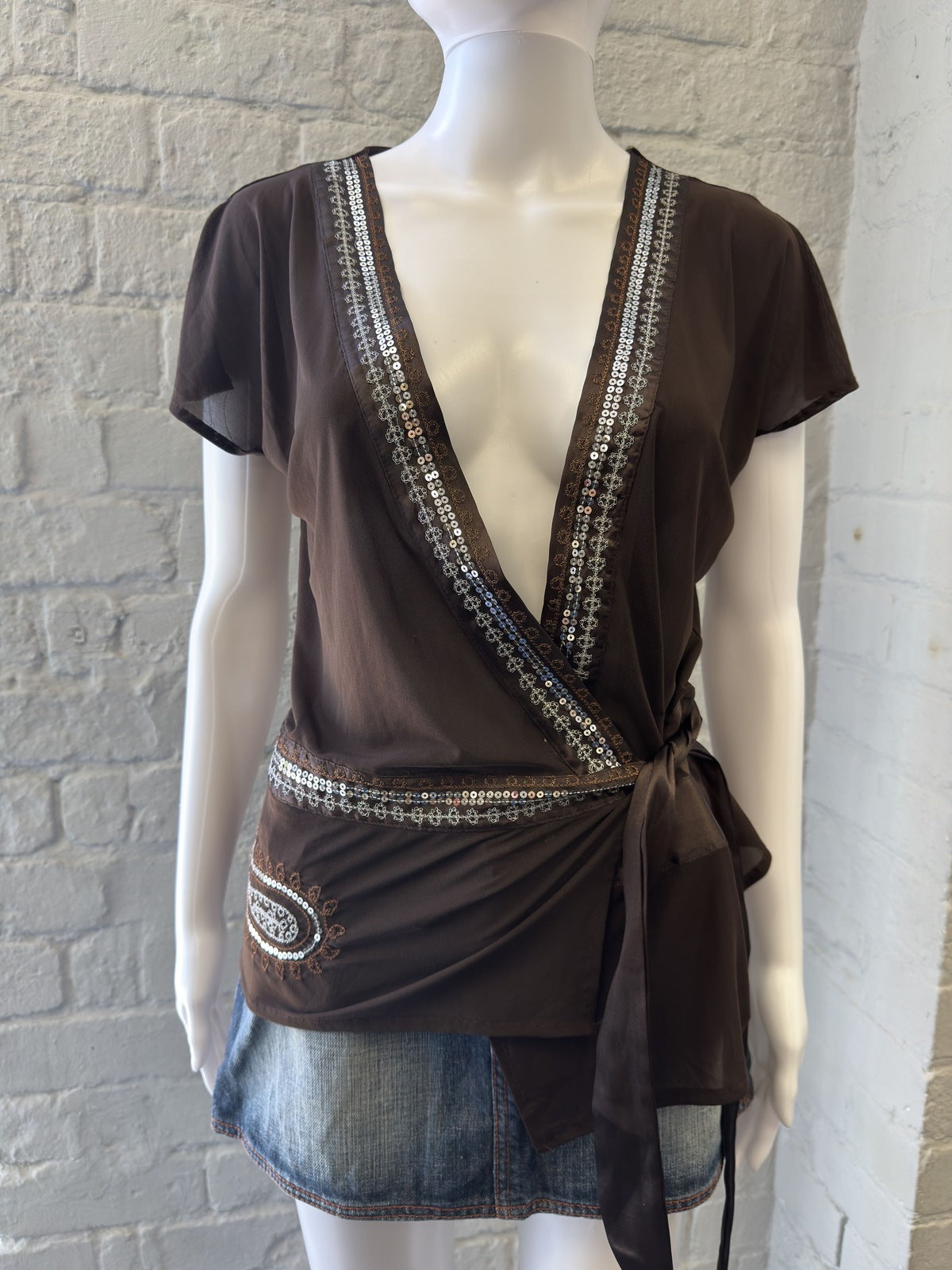 Vero Moda Brown Wrap Top with Sequins Embellishment