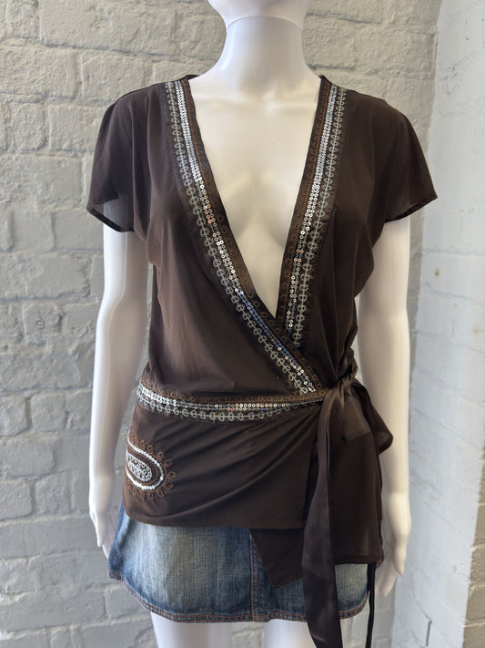 Vero Moda Brown Wrap Top with Sequins Embellishment