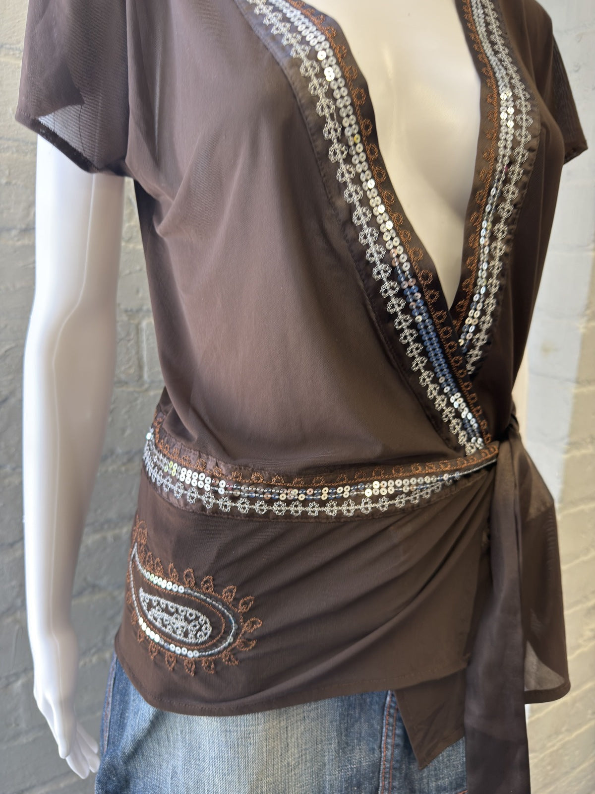Vero Moda Brown Wrap Top with Sequins Embellishment