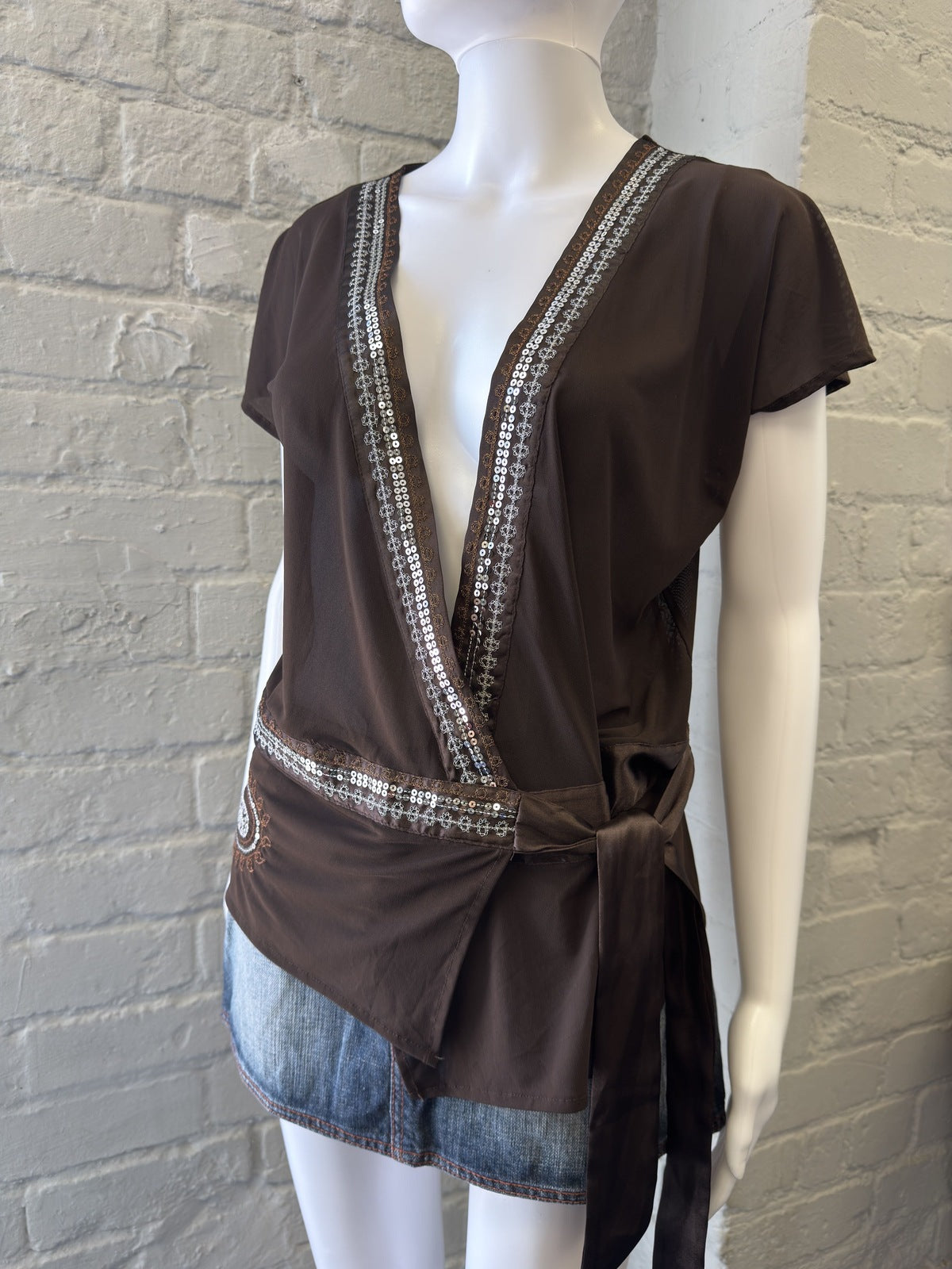 Vero Moda Brown Wrap Top with Sequins Embellishment