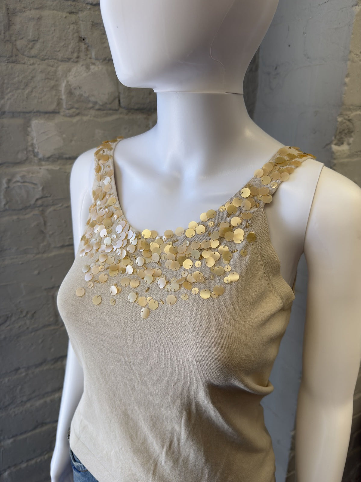 Premode Beige Sequin Embellished Sleeveless Top