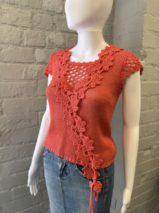 Fulida Coral Knit Floral Crochet Detail Top