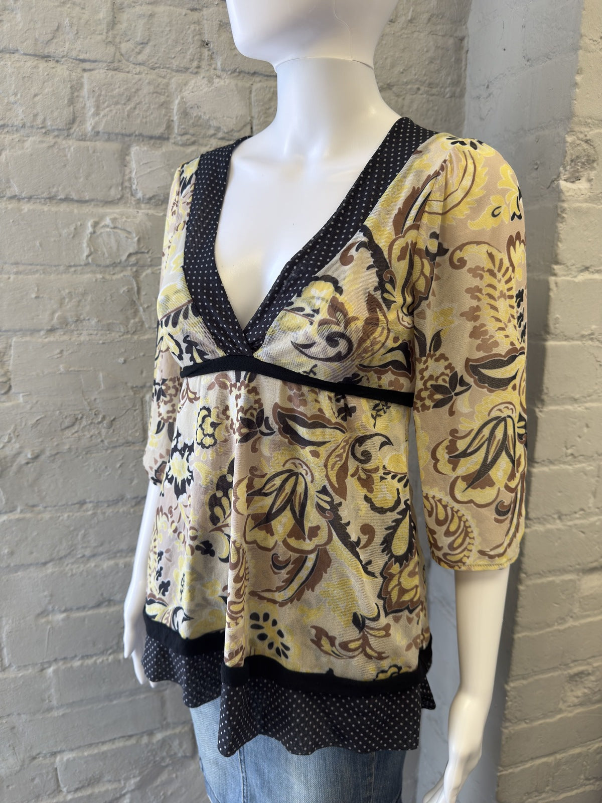 Sweet Pea Patterned V-Neck Top with Polka Dot Trim
