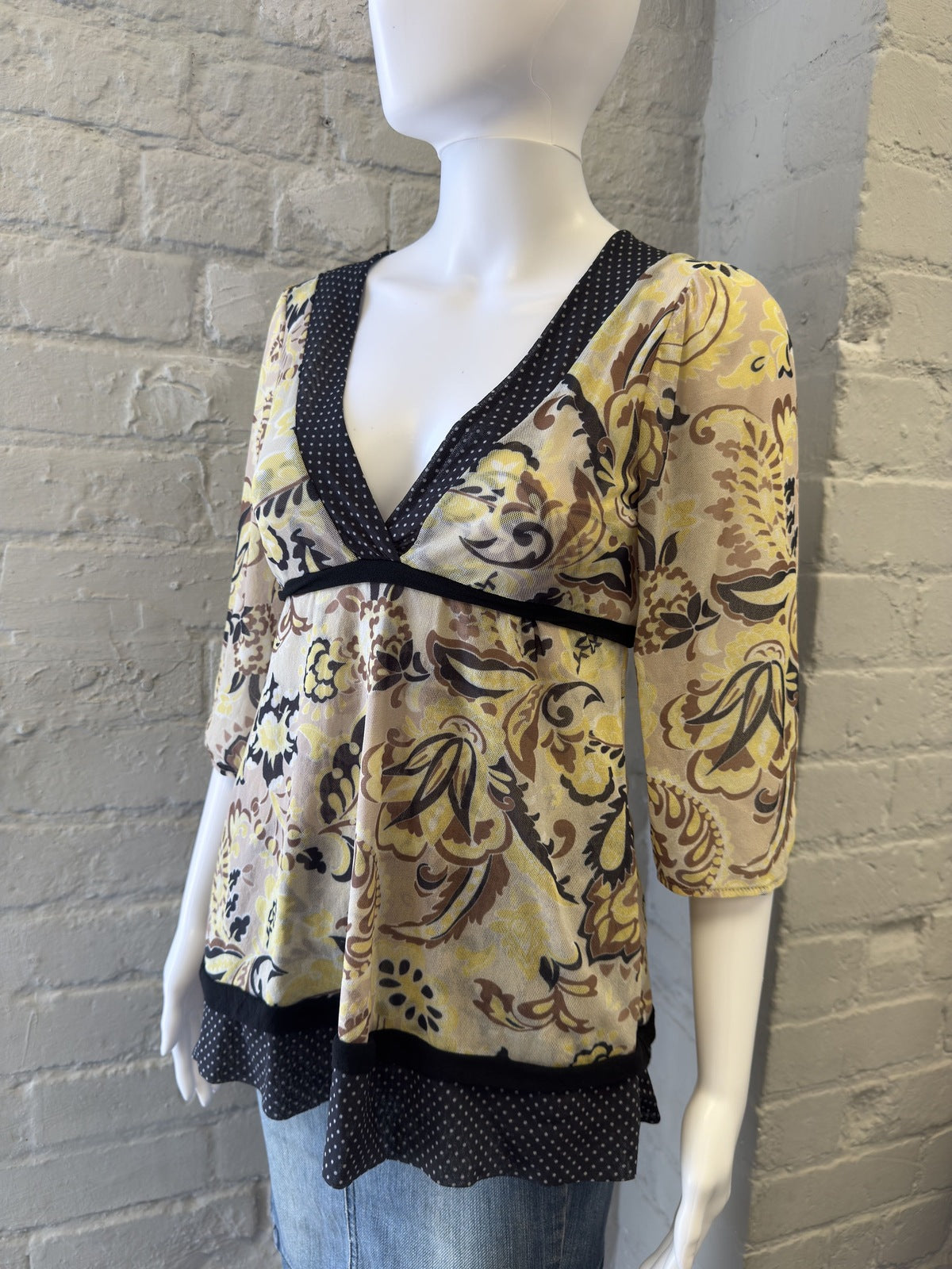 Sweet Pea Patterned V-Neck Top with Polka Dot Trim