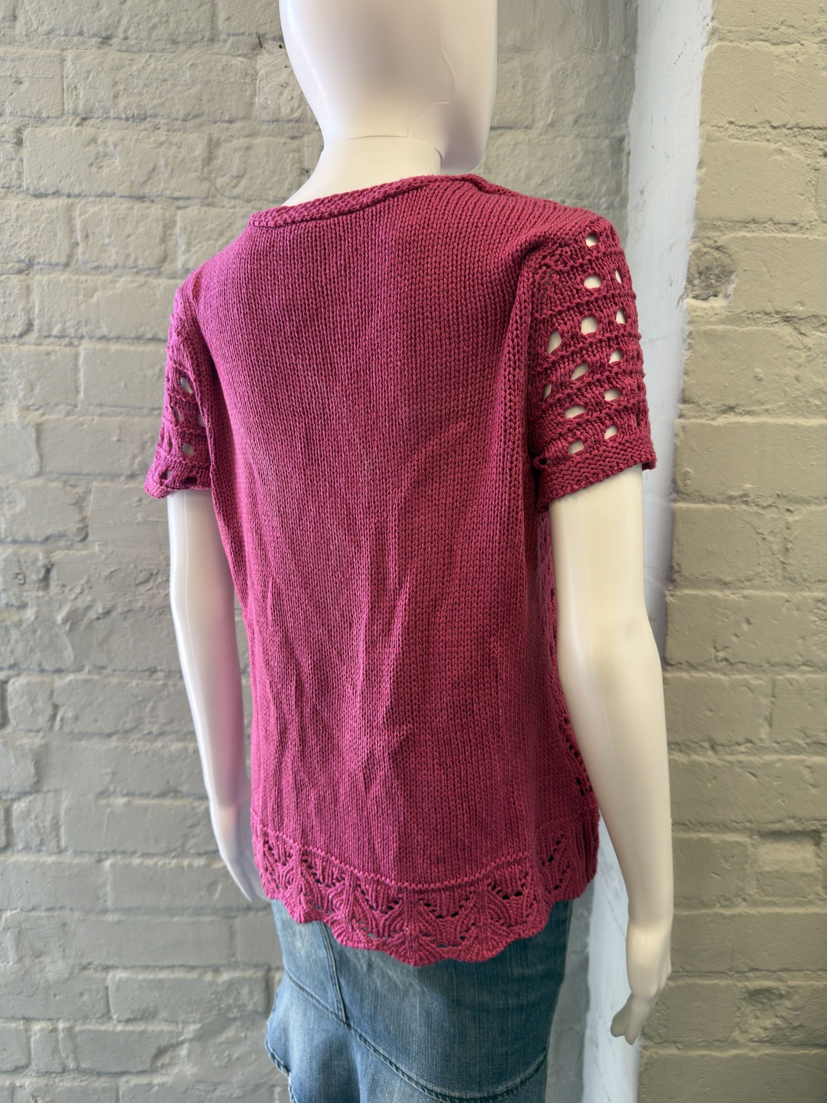 CANDA Pink Crochet Knit Short Sleeve Cardigan Top