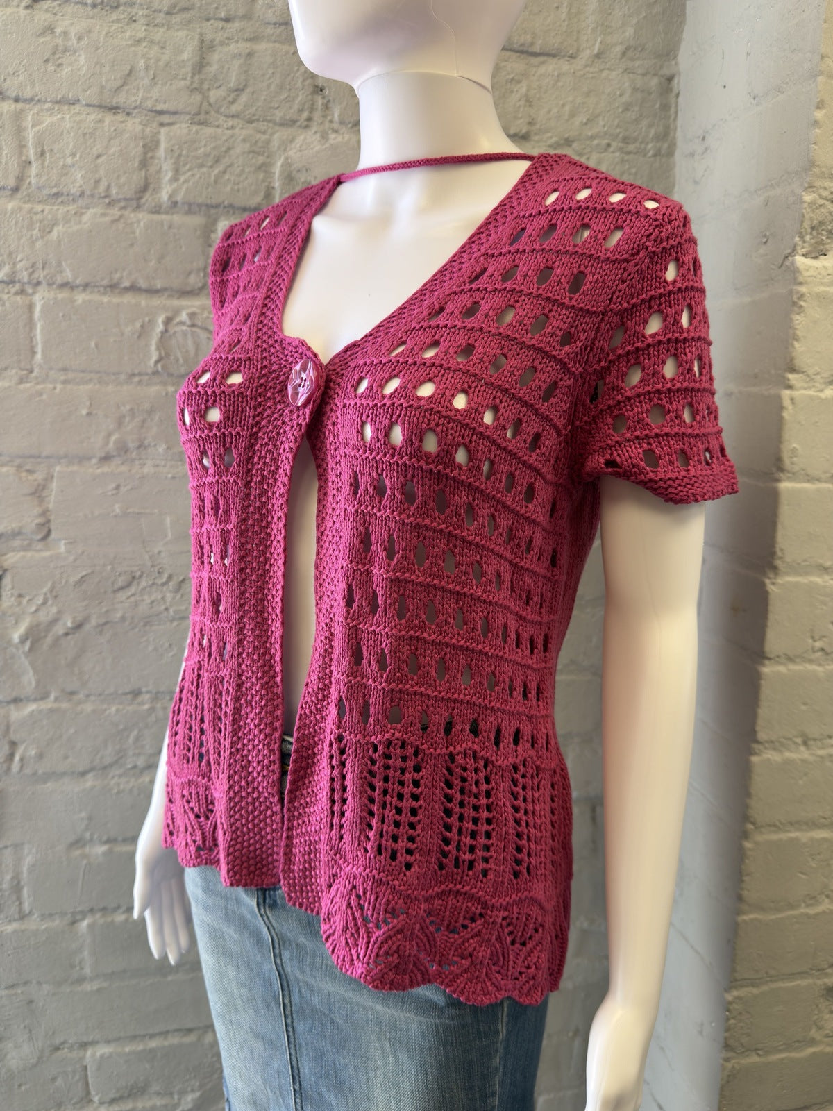 CANDA Pink Crochet Knit Short Sleeve Cardigan Top