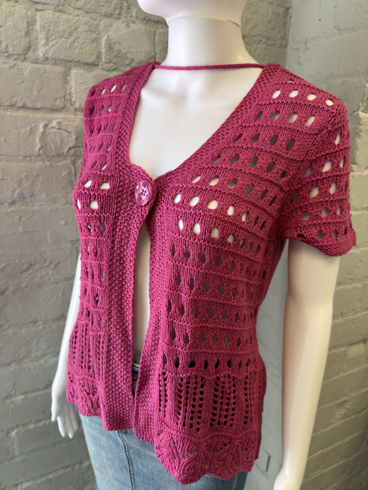 CANDA Pink Crochet Knit Short Sleeve Cardigan Top