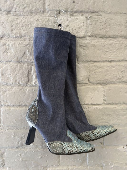 Mid-Calf Heeled Boots with Denim and Snakeskin Pattern