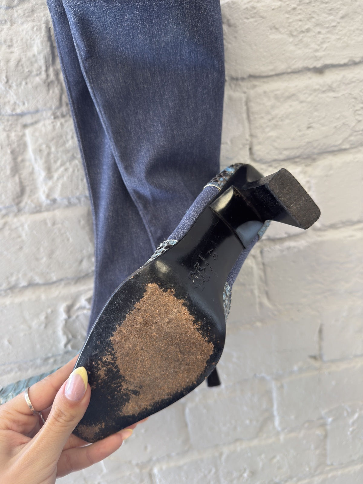 Mid-Calf Heeled Boots with Denim and Snakeskin Pattern