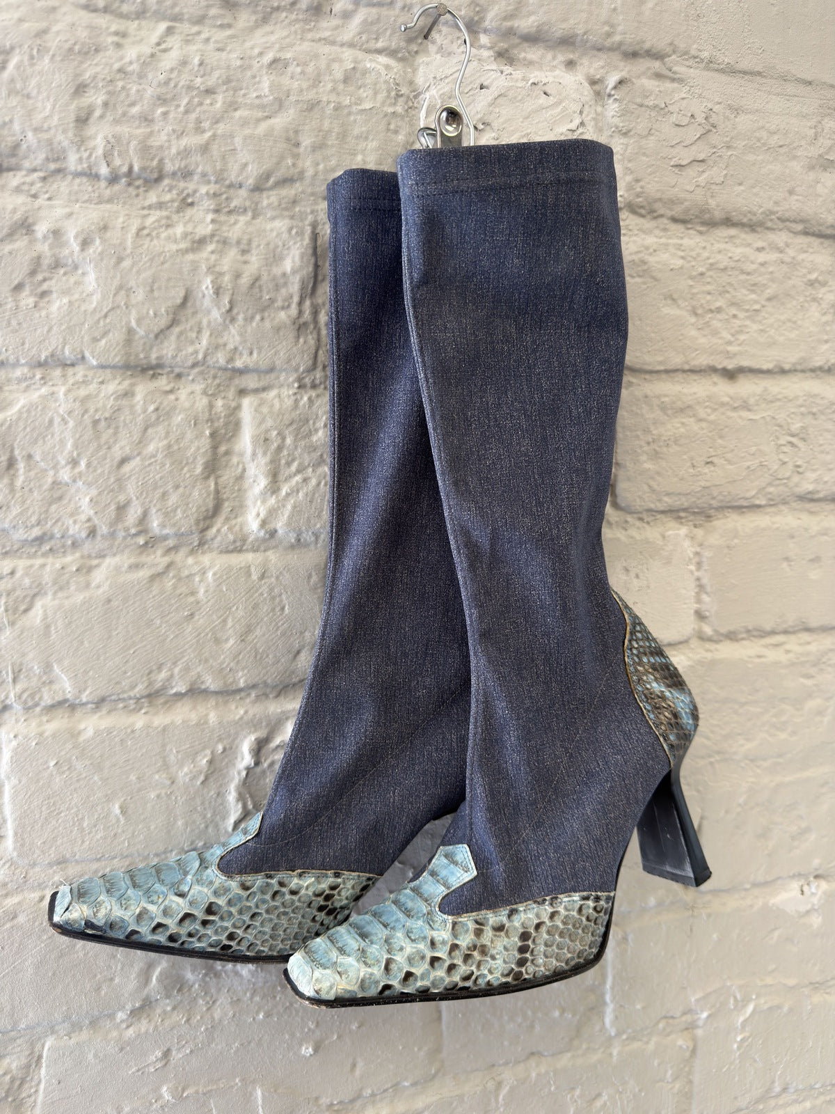 Mid-Calf Heeled Boots with Denim and Snakeskin Pattern
