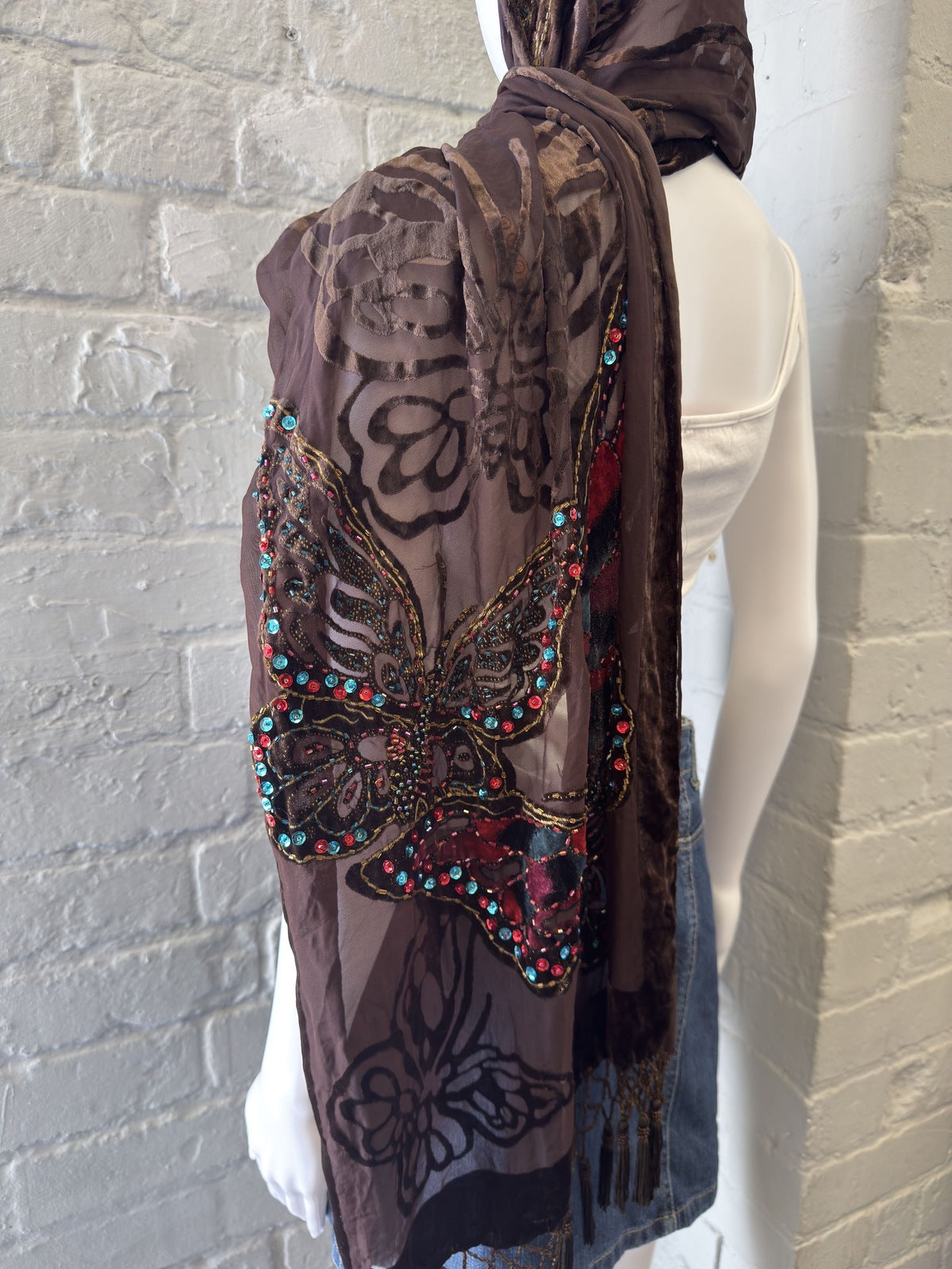 Brown Embellished Butterfly Scarf with Tassel Fringe