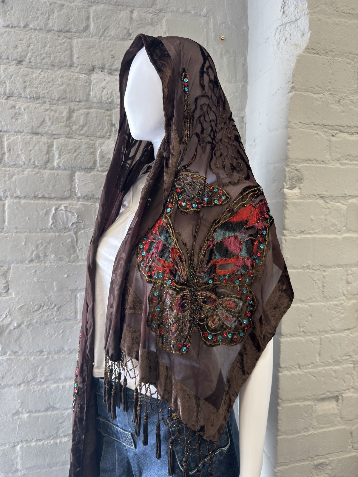 Brown Embellished Butterfly Scarf with Tassel Fringe
