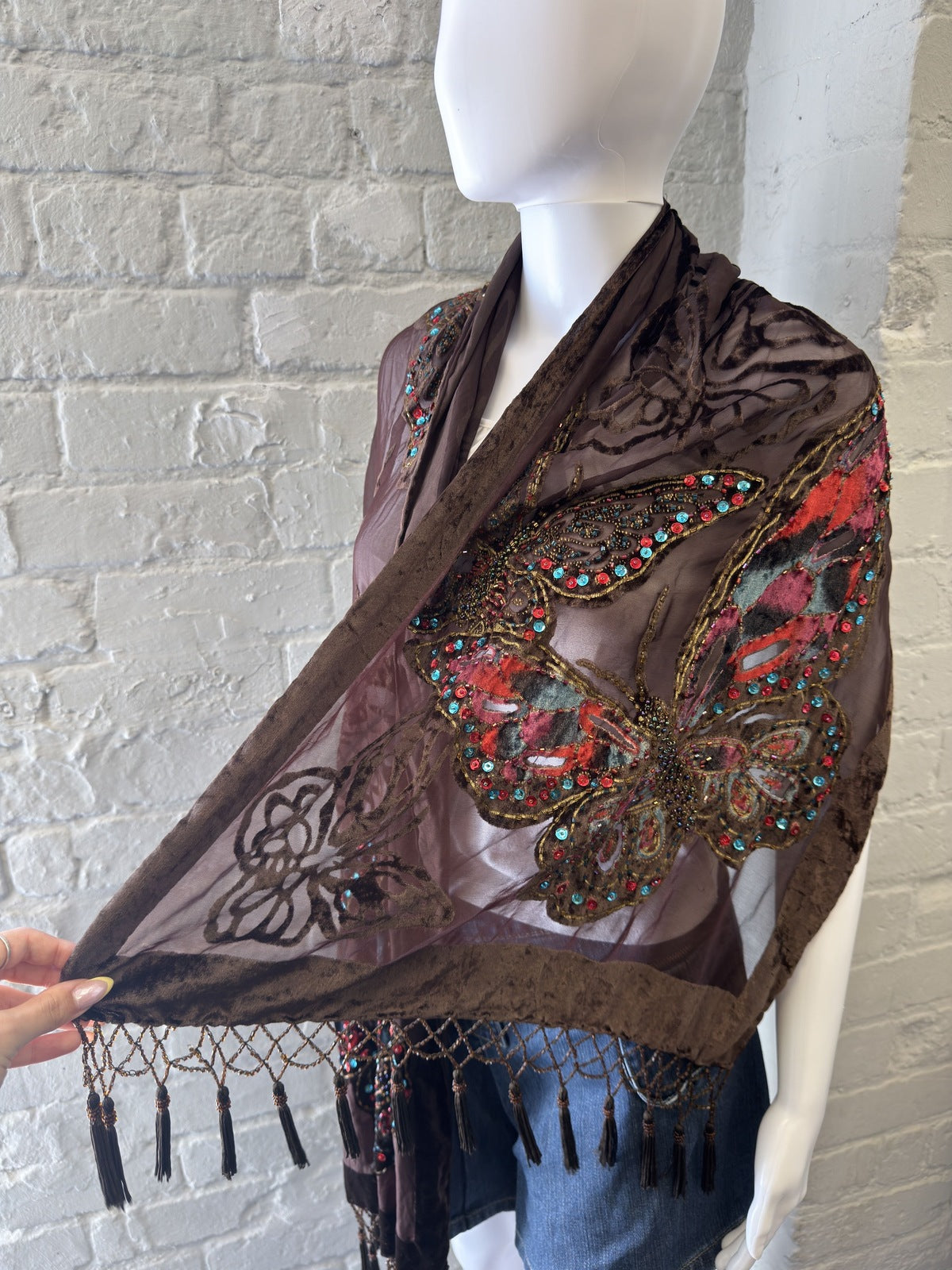 Brown Embellished Butterfly Scarf with Tassel Fringe