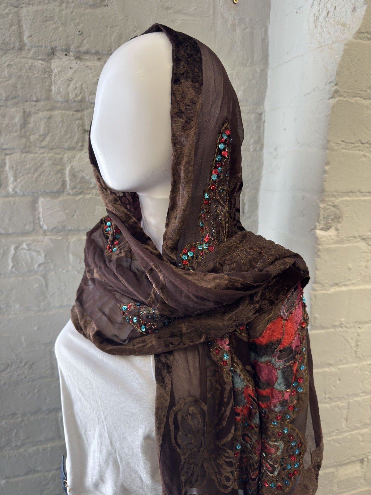 Brown Embellished Butterfly Scarf with Tassel Fringe