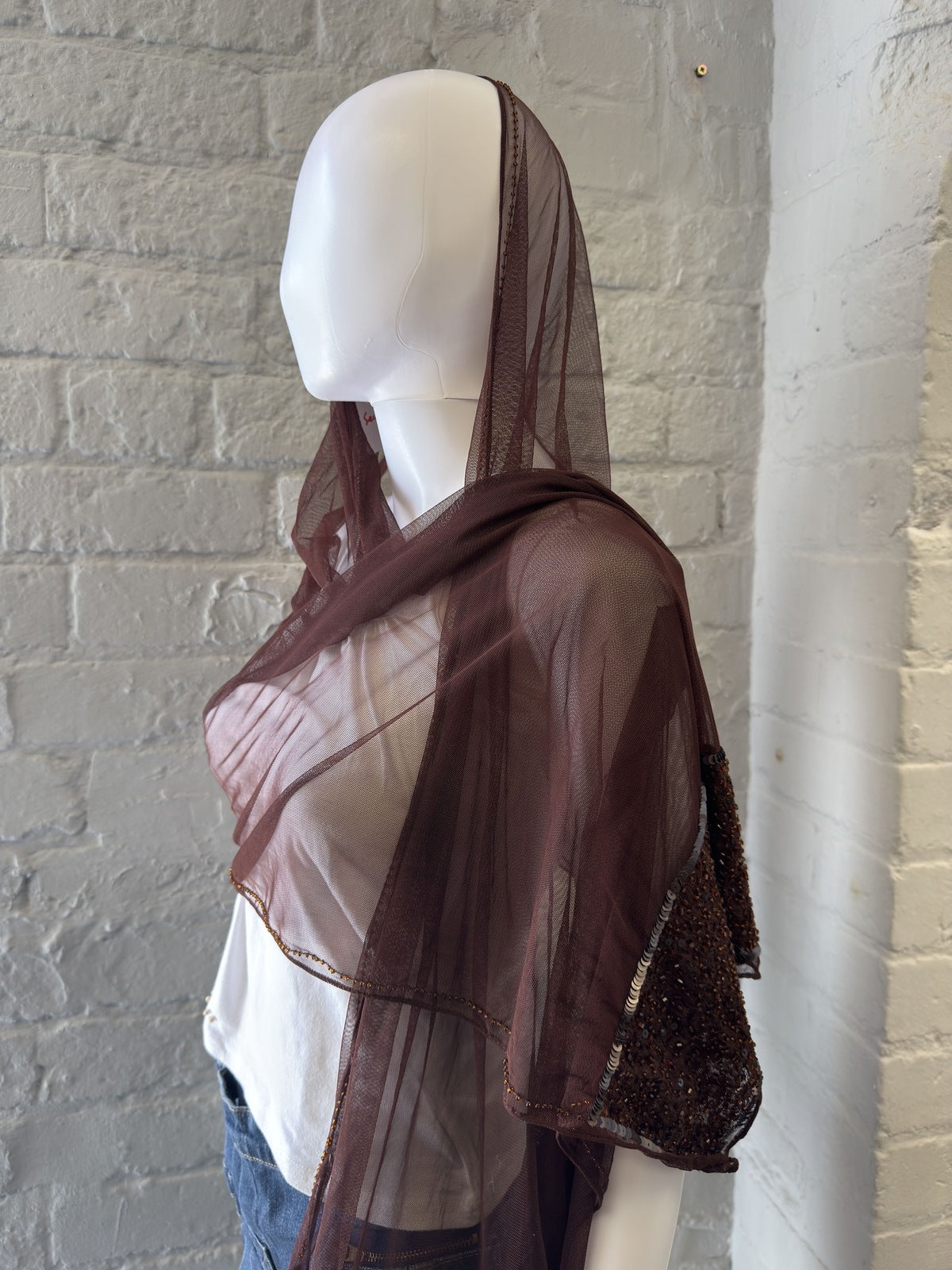 Brown Sheer Mesh Shawl with Sequin Trim