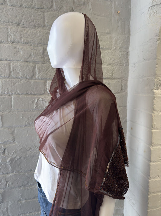 Brown Sheer Mesh Shawl with Sequin Trim