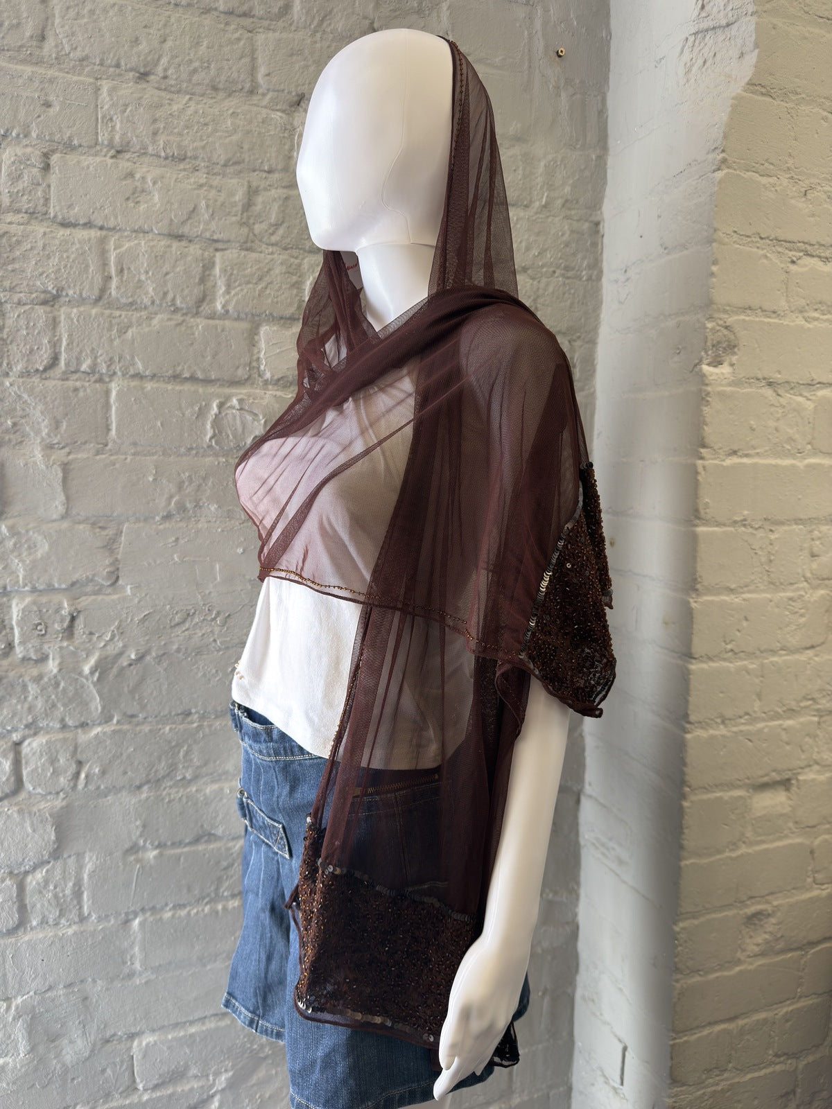 Brown Sheer Mesh Shawl with Sequin Trim