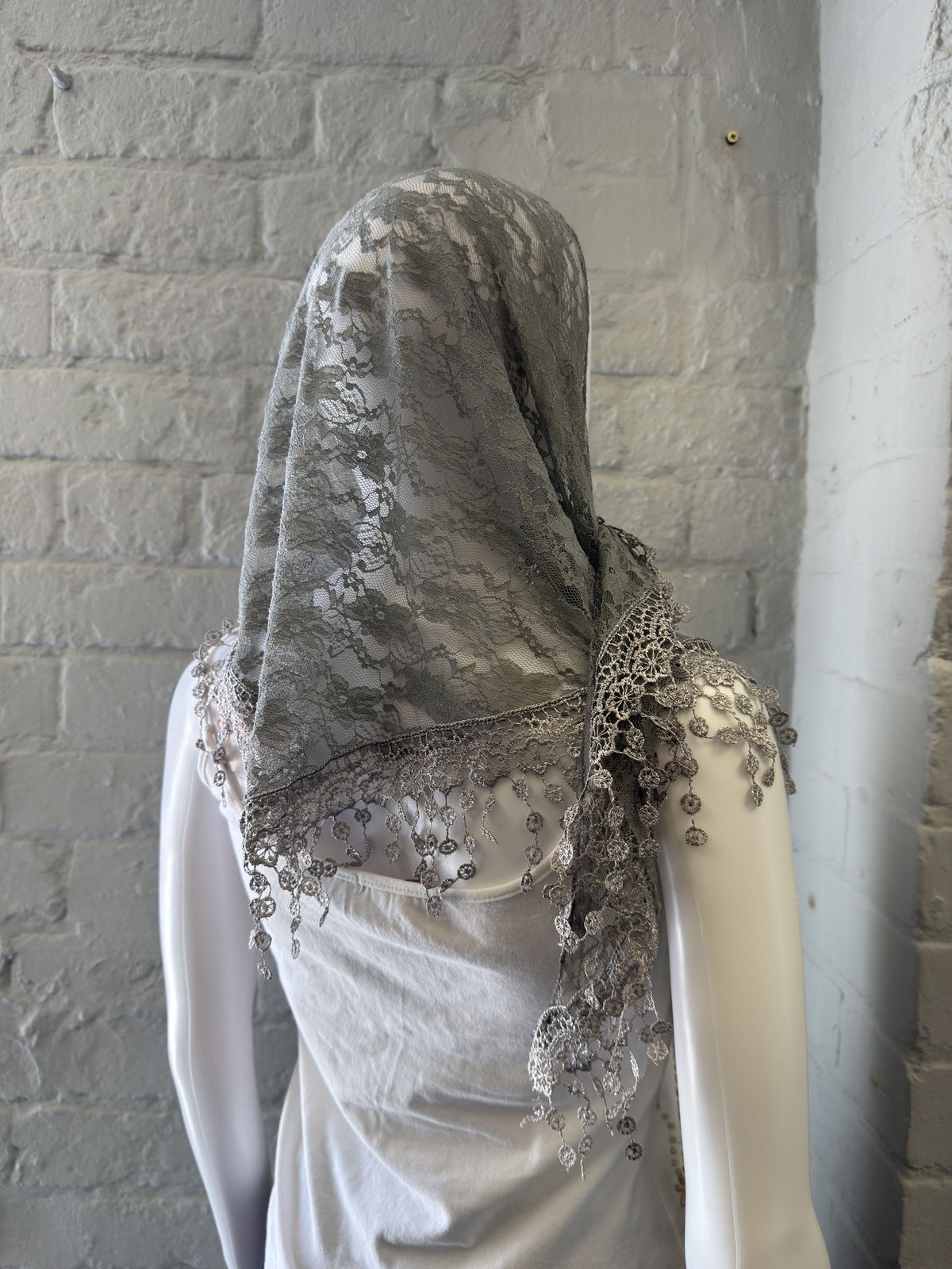 Delicate Grey Lace Headscarf