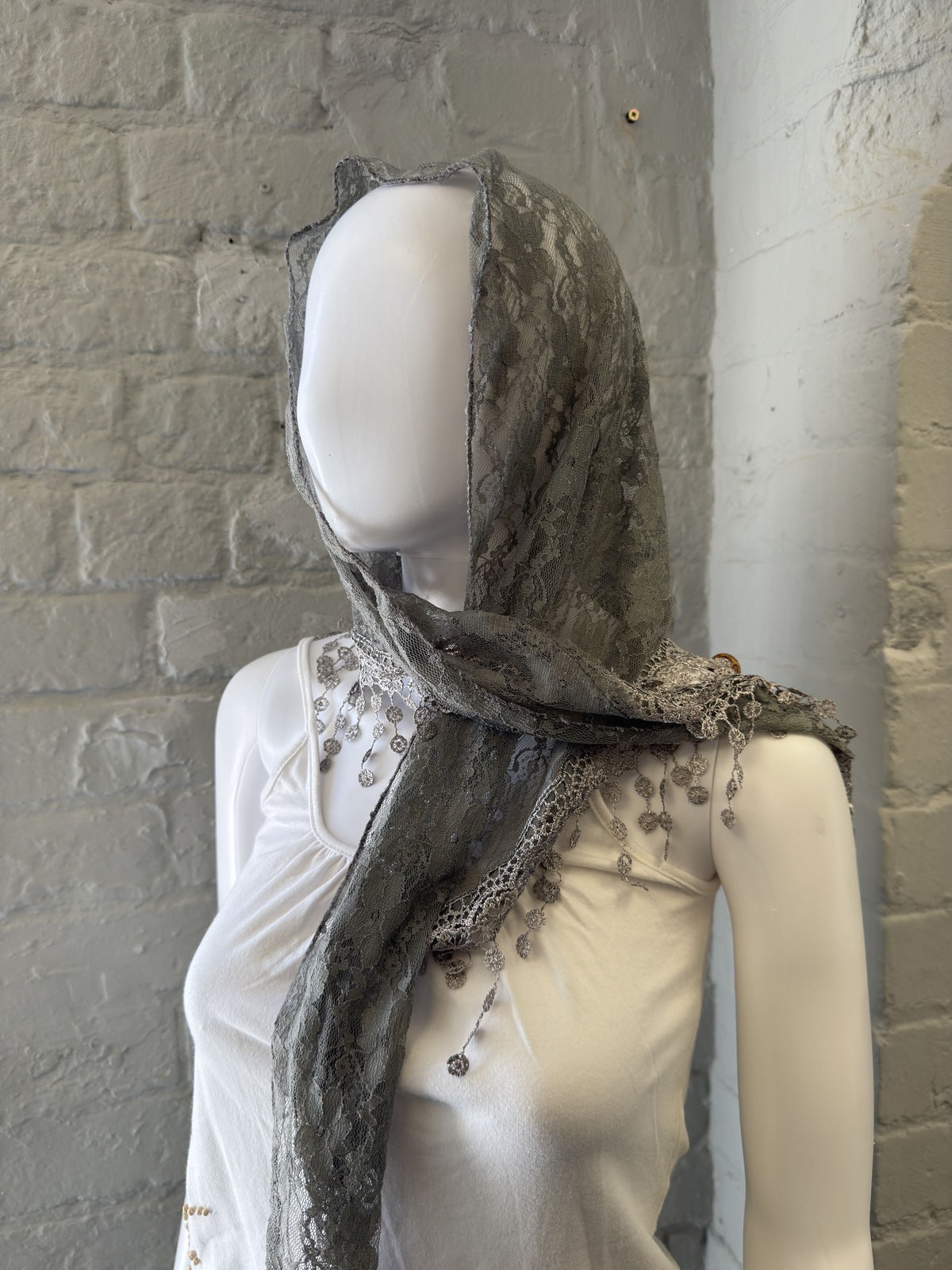 Delicate Grey Lace Headscarf