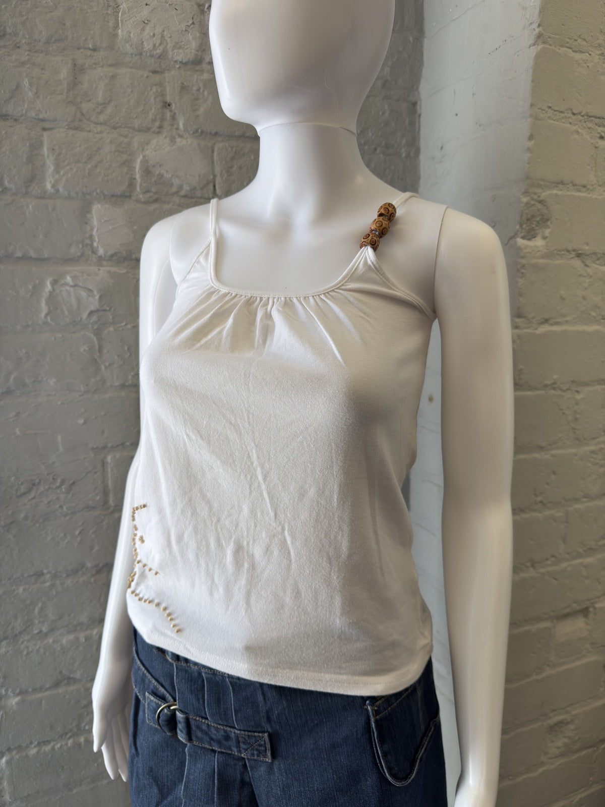Louise FD White Beaded Spaghetti Strap Tank Top