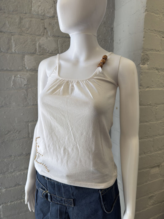 Louise FD White Beaded Spaghetti Strap Tank Top