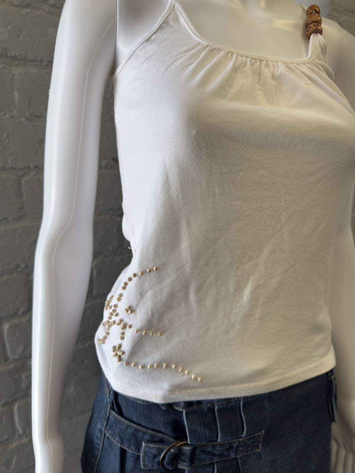 Louise FD White Beaded Spaghetti Strap Tank Top