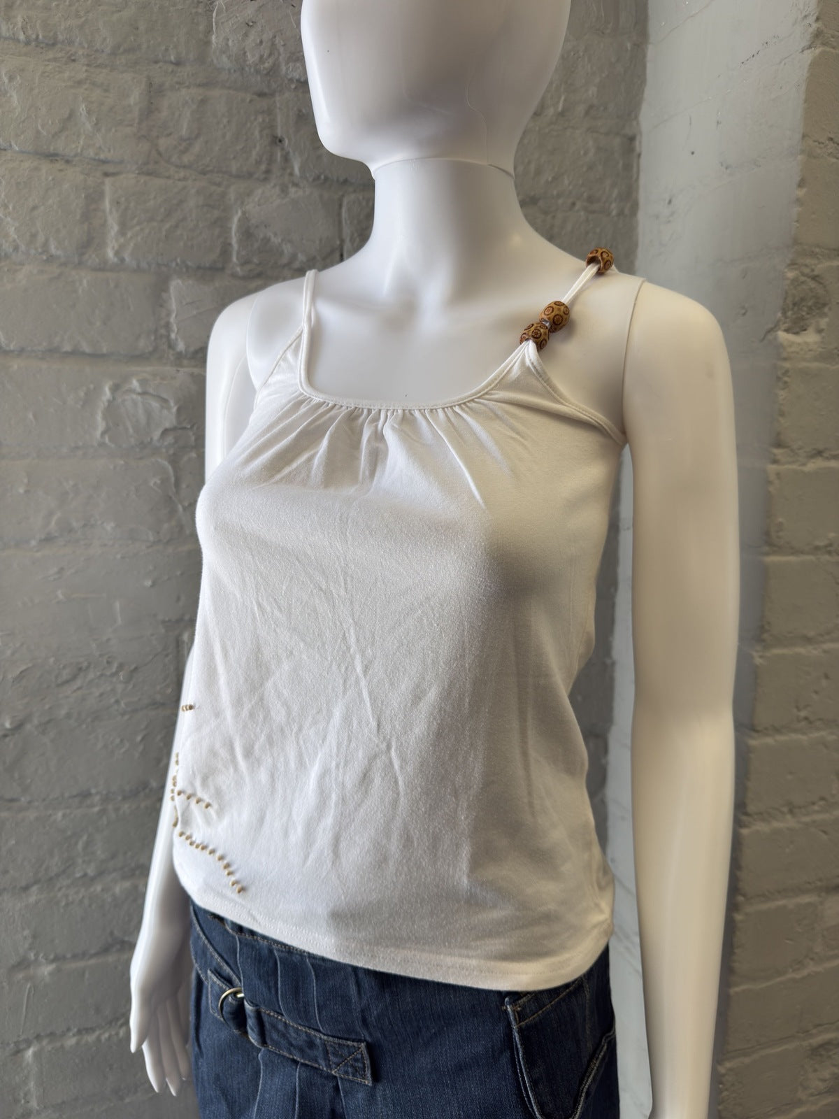 Louise FD White Beaded Spaghetti Strap Tank Top