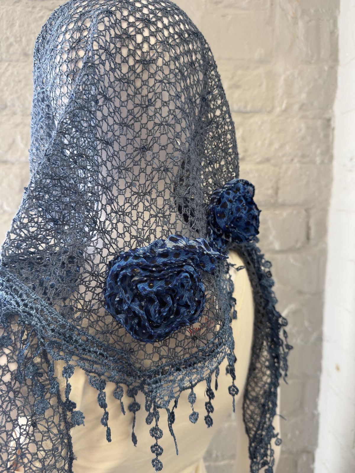 Blue Crochet Lace Shawl with Floral Detail