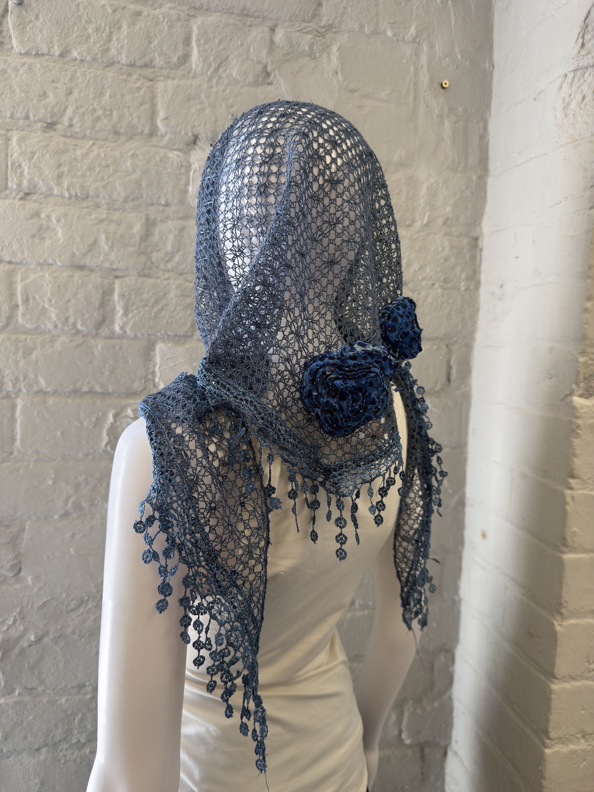 Blue Crochet Lace Shawl with Floral Detail