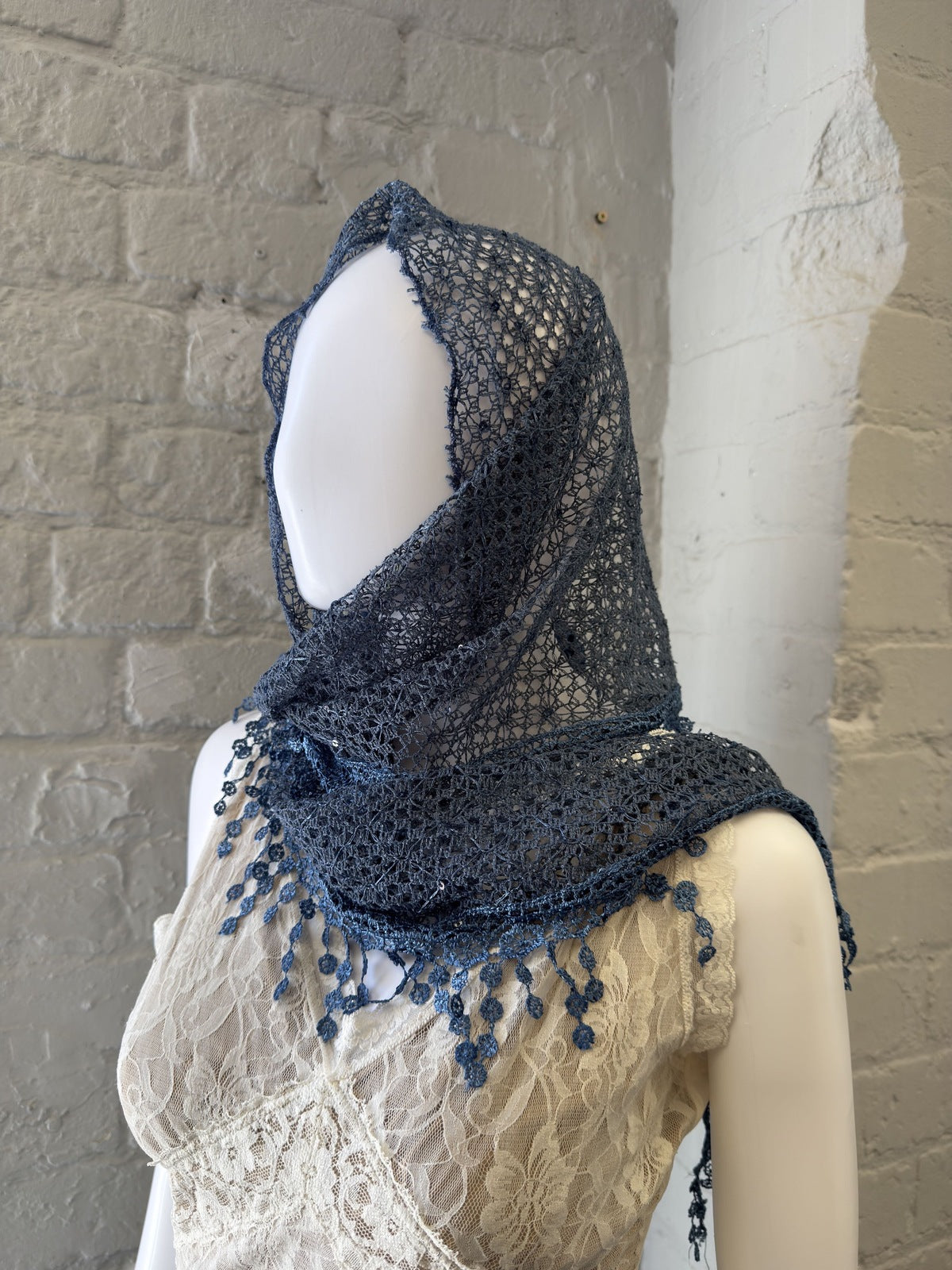 Blue Crochet Lace Shawl with Floral Detail