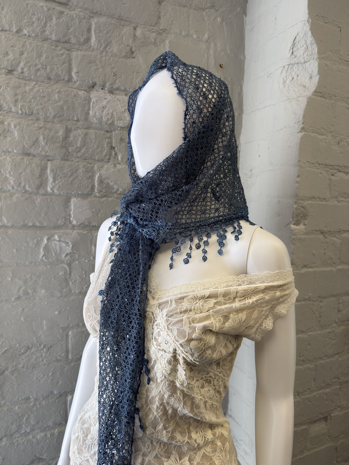 Blue Crochet Lace Shawl with Floral Detail