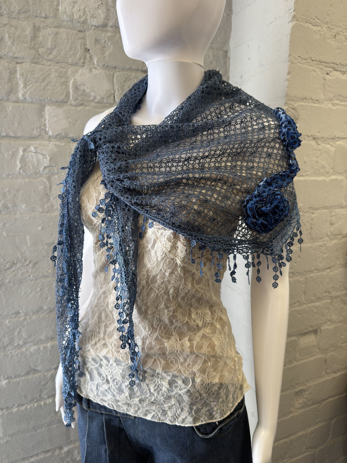 Blue Crochet Lace Shawl with Floral Detail