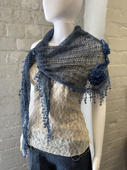 Blue Crochet Lace Shawl with Floral Detail