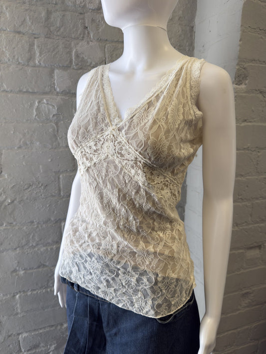 Cream Lace Sleeveless V-Neck Top