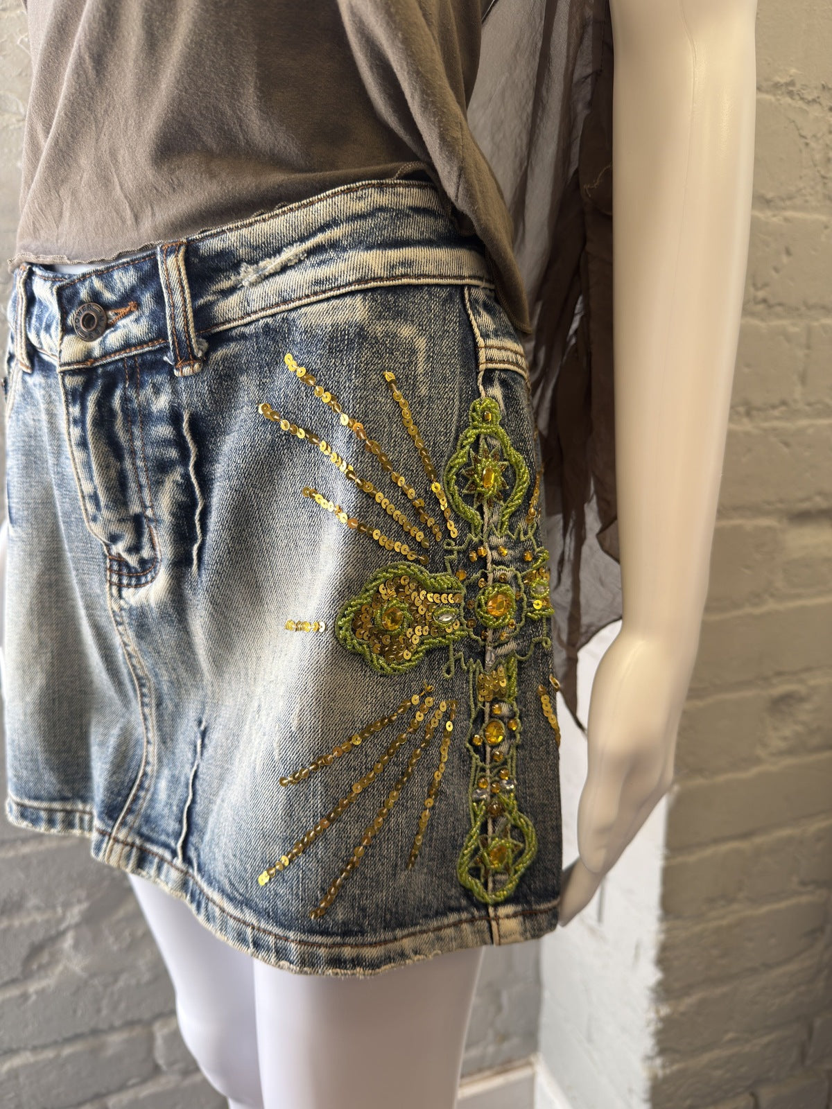 Powermiss Embellished Denim Mini Skirt