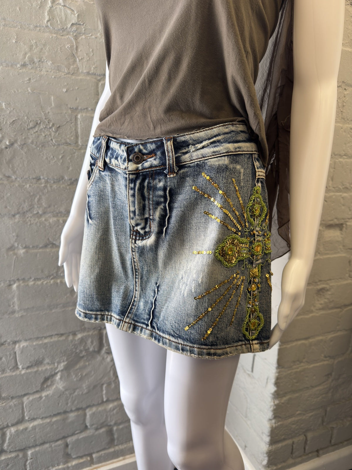 Powermiss Embellished Denim Mini Skirt