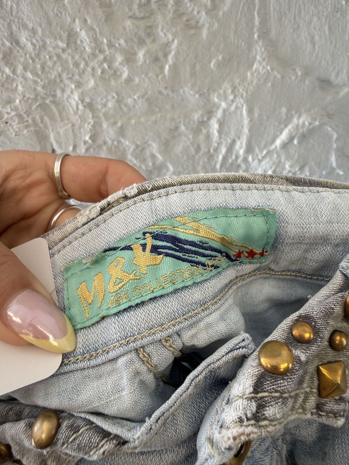 Light Blue Studded Camo Denim Shorts